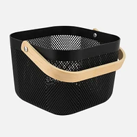 Panier de rangement en maille avec poignée en bois - Noir