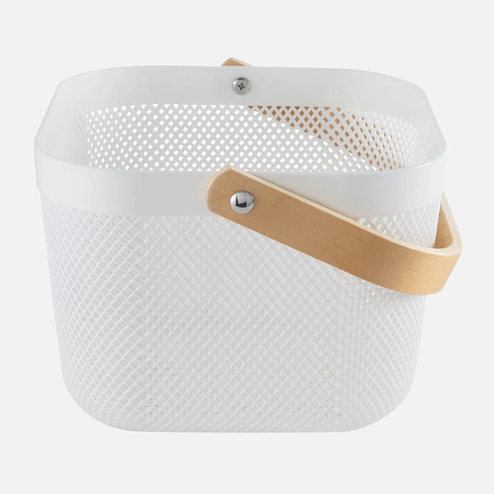 Mesh Storage Basket With Wooden Handle - White