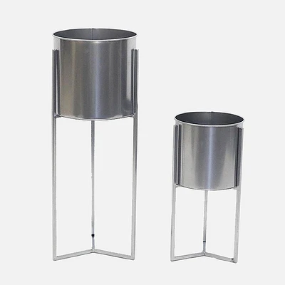 Planters with Stand, Set of 2 - Silver