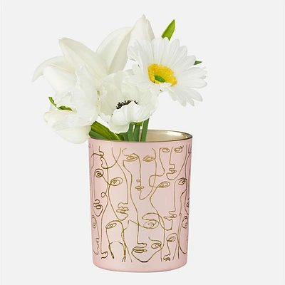 Vase rose avec visages abstraits par Torre & Tagus - 4 po x 5 po