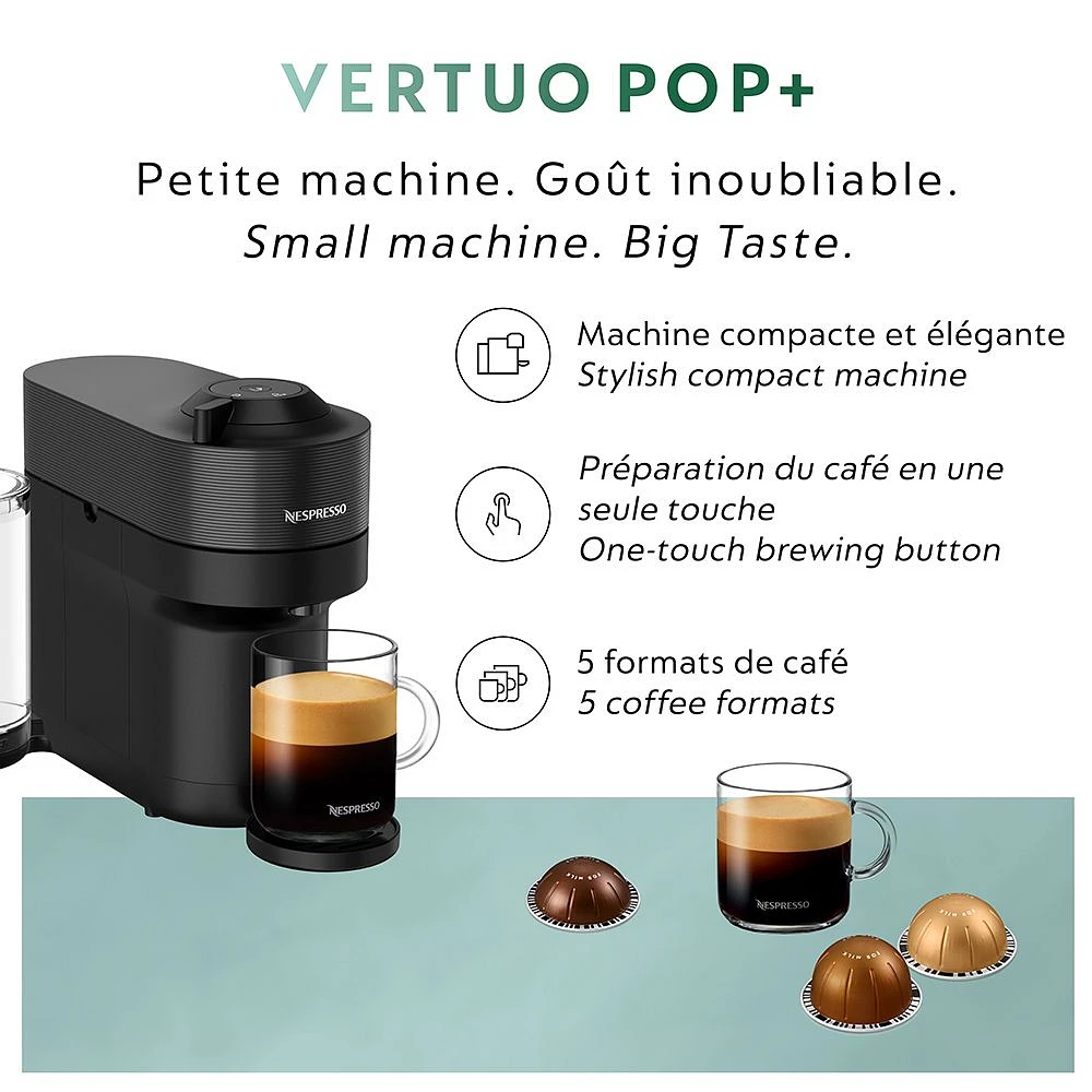 Machine à café et espresso à capsule Nespresso® Vertuo POP+ avec Aeroccino par De'Longhi - Noir réglisse