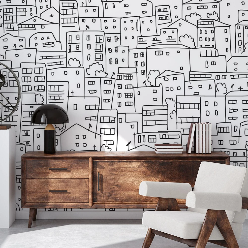 Black and White City Sketch Wallpaper Mural