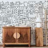 Black and White City Sketch Wallpaper Mural