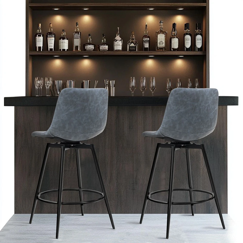 Set of 2 Grey Modern Swivel PU Leather Barstools