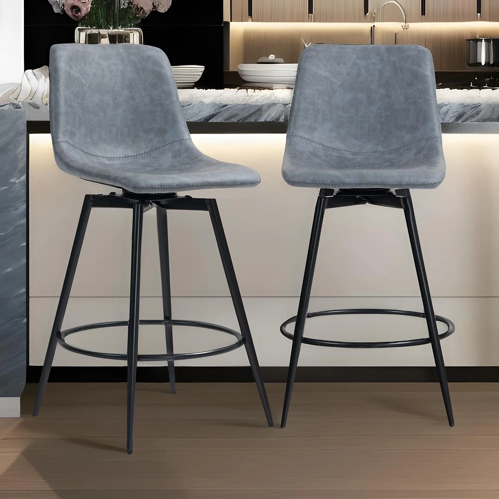 Set of 2 Grey Modern Swivel PU Leather Barstools