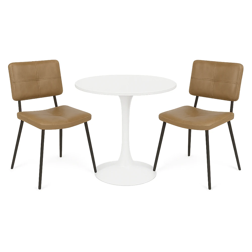 Ensemble de salle à manger rond avec chaises cognac, ensemble de 3 - Blanc