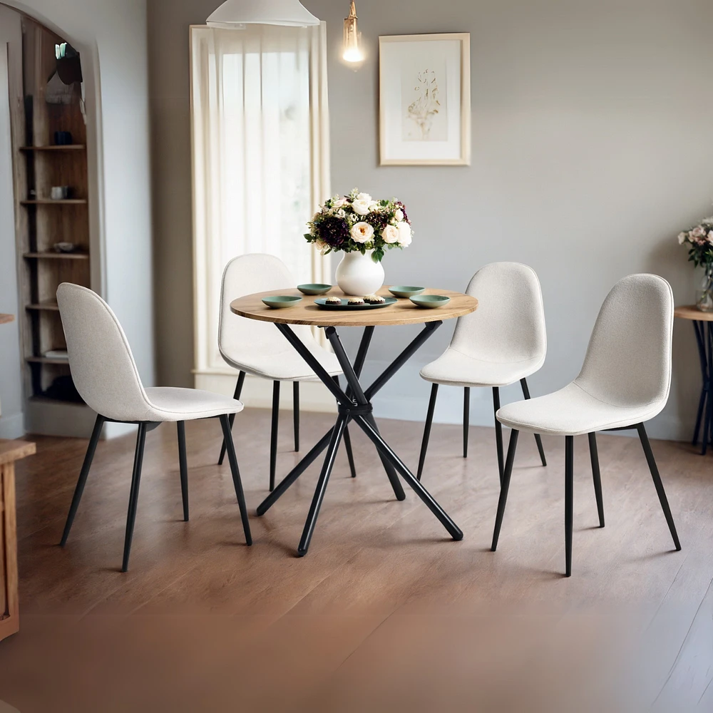 Modern 5-Piece Round Oak Dining Set with Beige Chairs