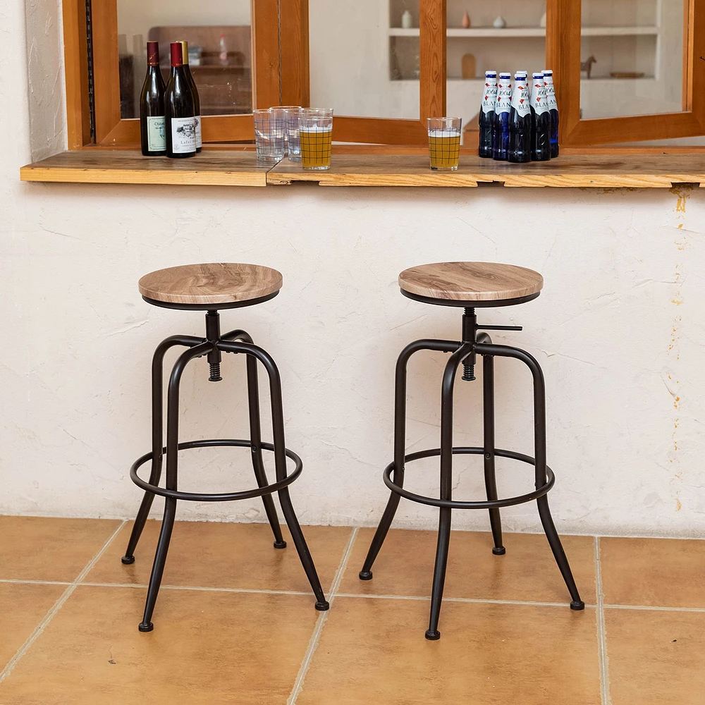 Set of 2 Rustic Oak Swivel Barstools Adjustable Height by Maison Classique