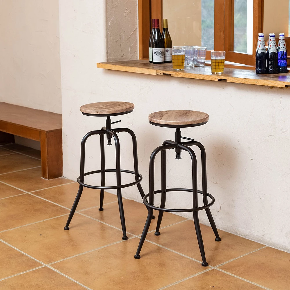 Set of 2 Rustic Oak Swivel Barstools Adjustable Height by Maison Classique