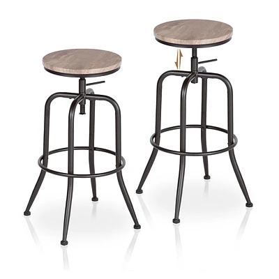 Set of Rustic Oak Swivel Barstools Adjustable Height by Maison Classique