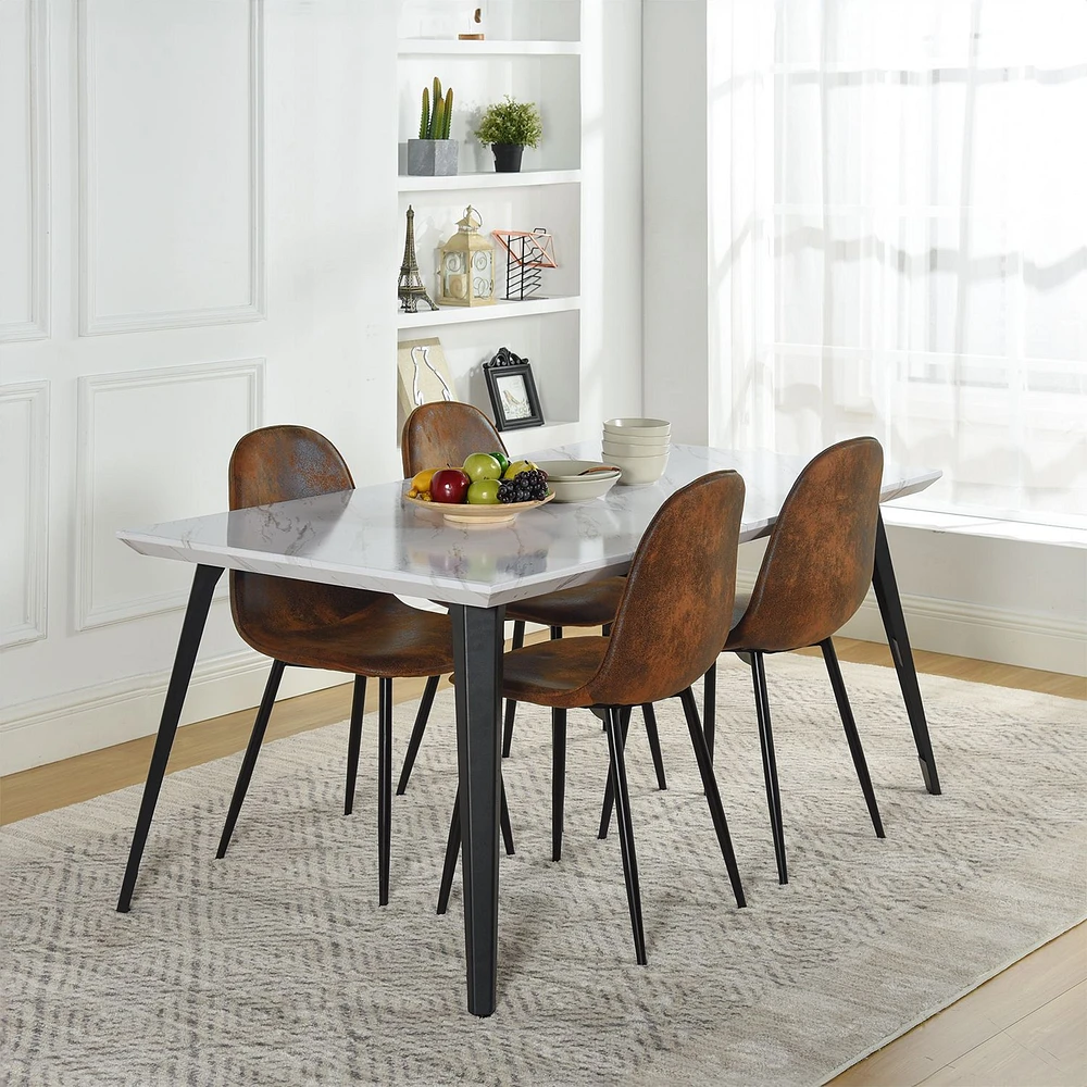 5-Piece Dining Set Including Marble White Dining Table with Suede Brown Dining Chairs by Maison Classique