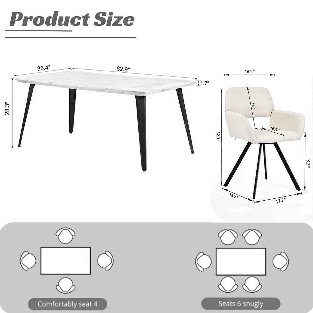 Marble Dining Set with Beige Swivel Chairs, Set of 5