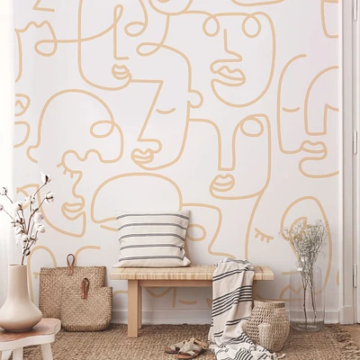 White Gold Abstract Line Faces Wallpaper Mural