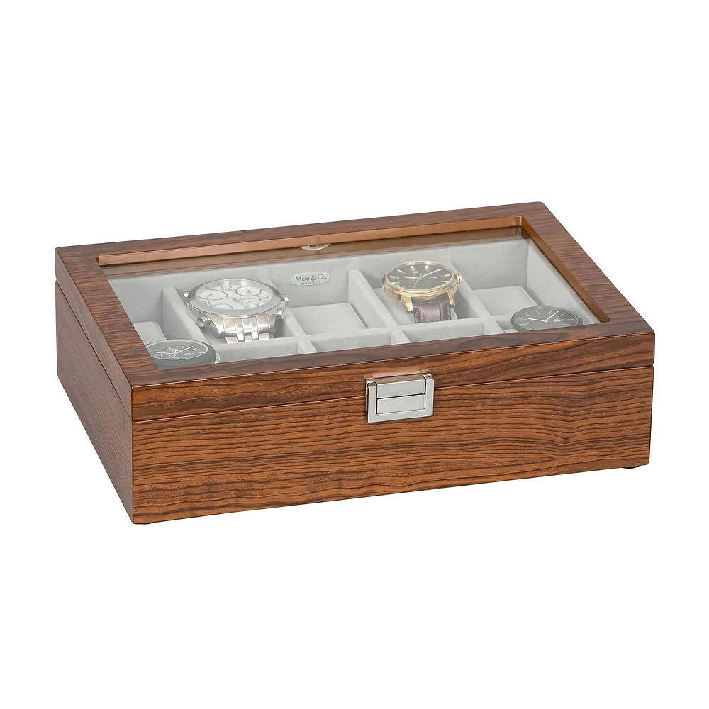 Mele and Co Jayson Glass Top Wooden Watch Box - Mahogany