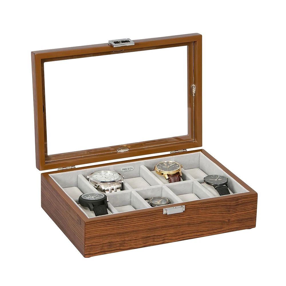 Mele and Co Jayson Glass Top Wooden Watch Box - Mahogany