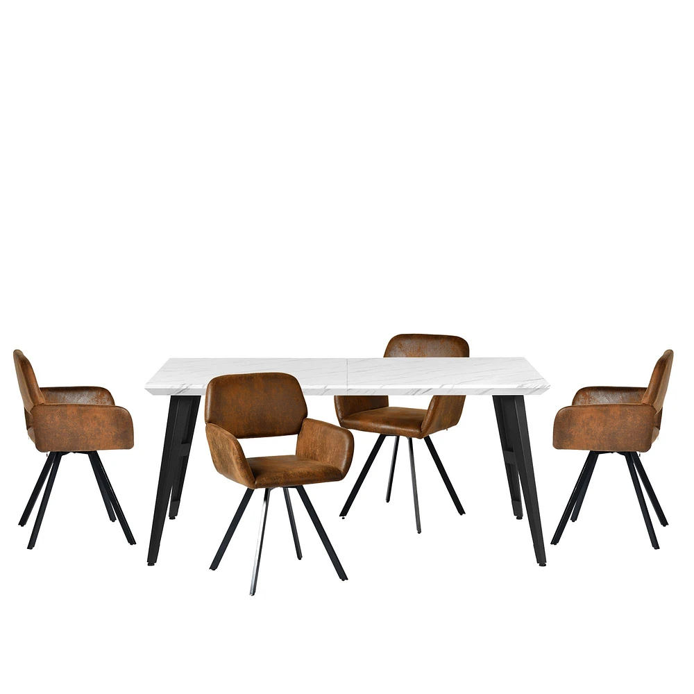 Marble Dining Set with Brown Swivel Chairs, Set of 5
