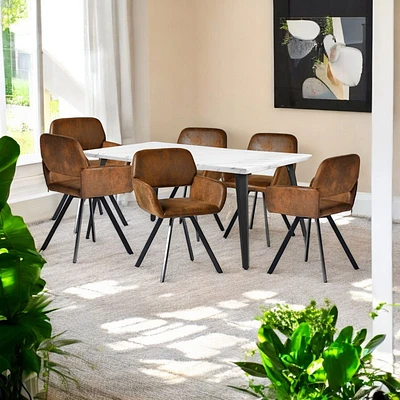 Marble Dining Set with Brown Swivel Chairs, Set of 7
