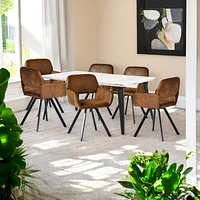 Marble Dining Set with Brown Swivel Chairs, Set of 7