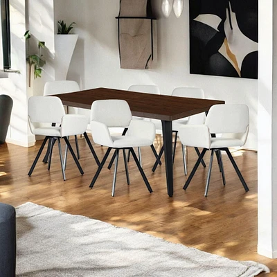 Dining Set with Beige Swivel Chairs, Set of 7 - Dark Brown