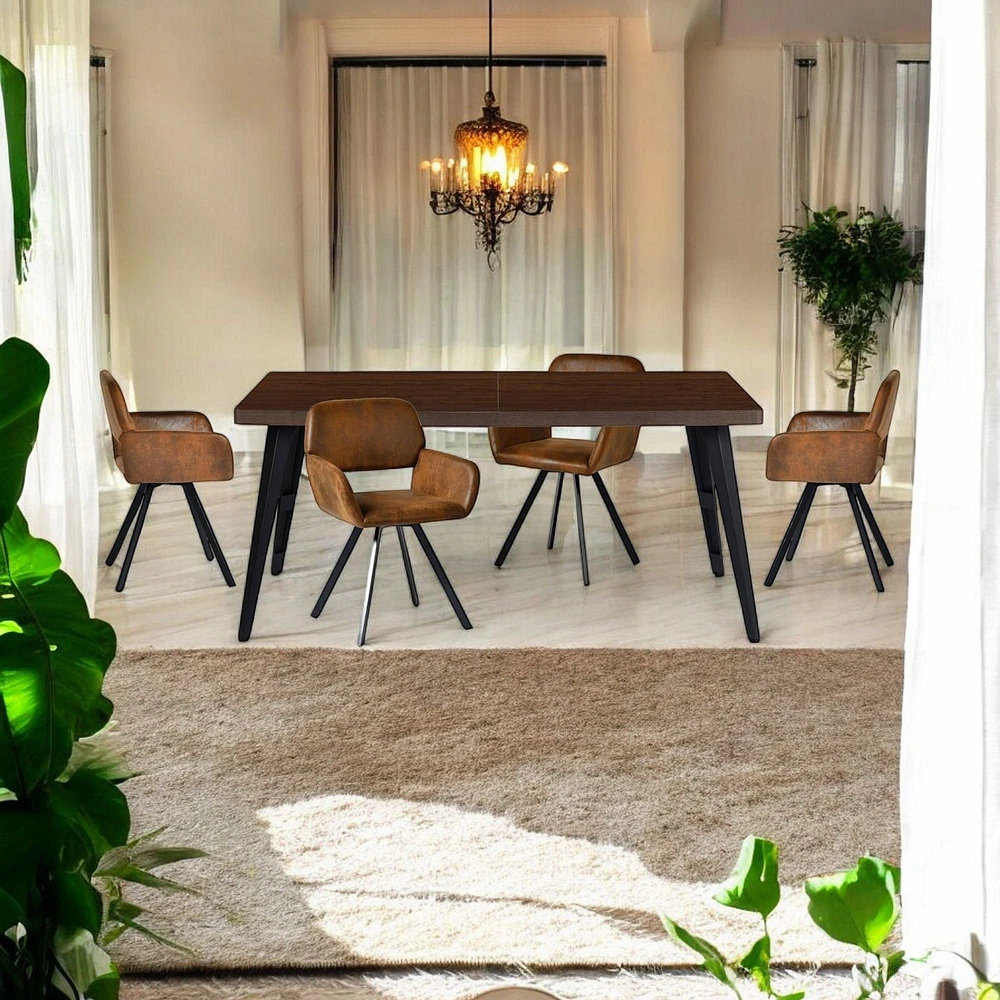 Dining Set with Brown Swivel Chairs, Set of 5 - Dark Brown