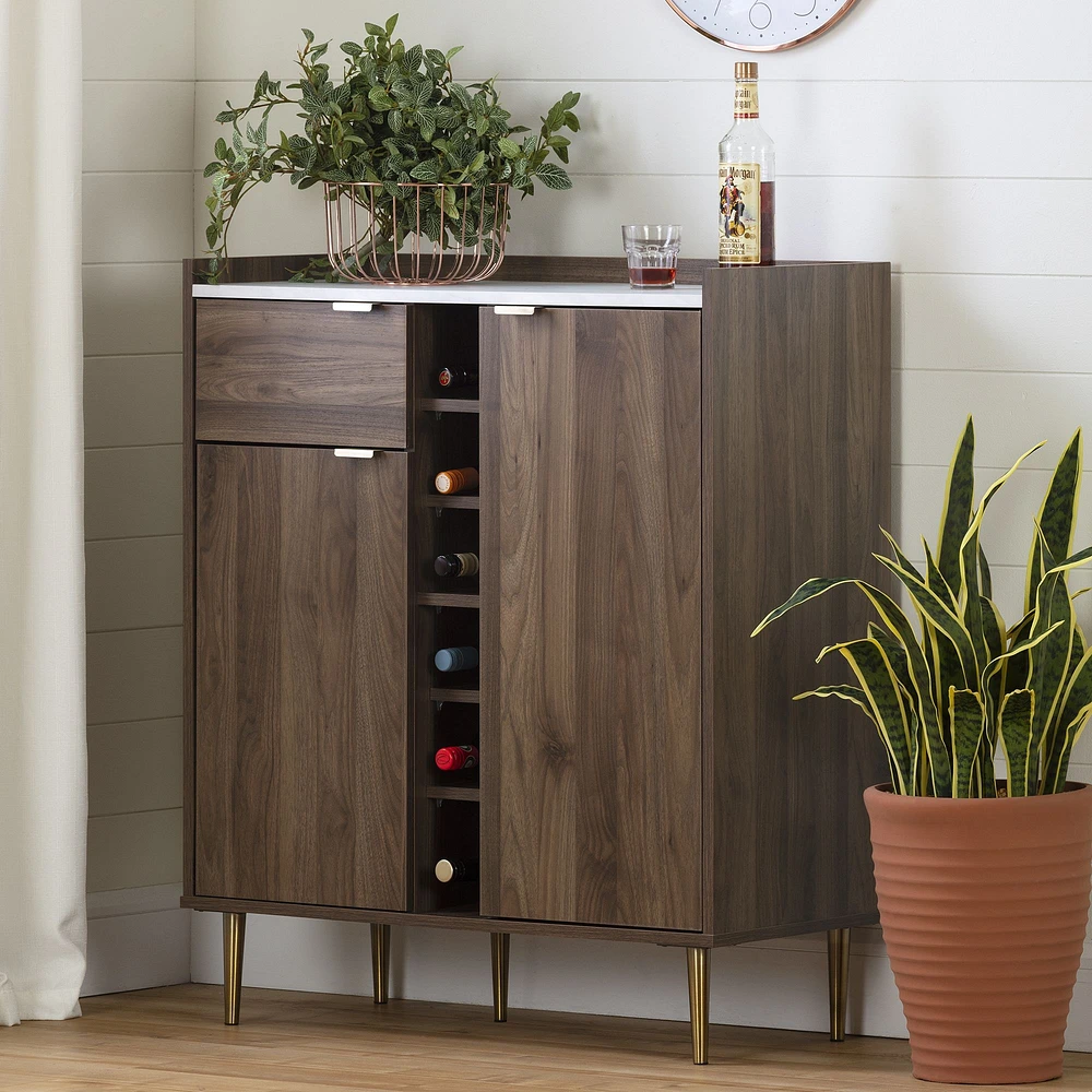 Hype Buffet with Wine Storage Natural Walnut and Faux Marble by South Shore Furniture