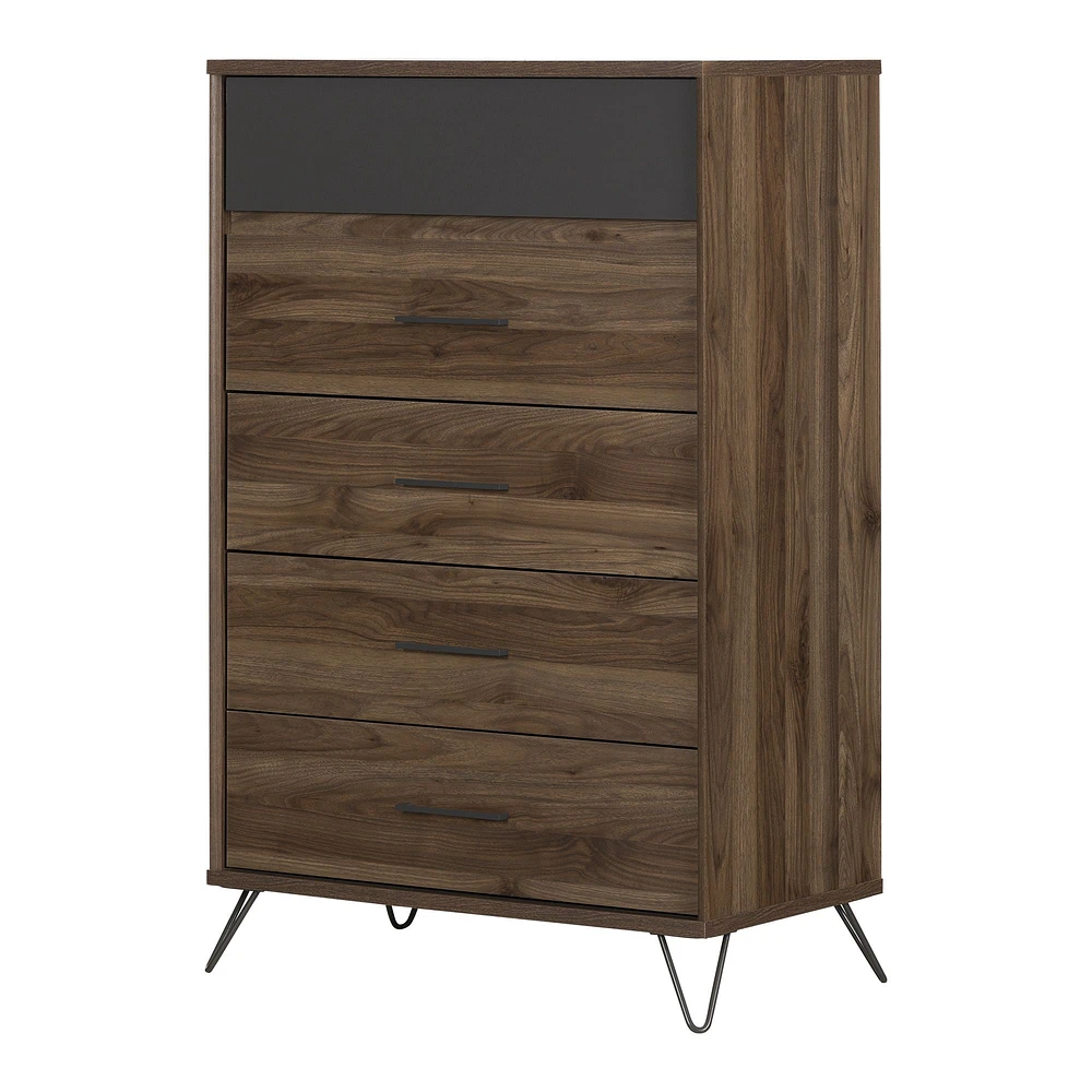 Olvyn 5-Drawer Chest Storage in Natural Walnut and Charcoal by South Shore Furniture