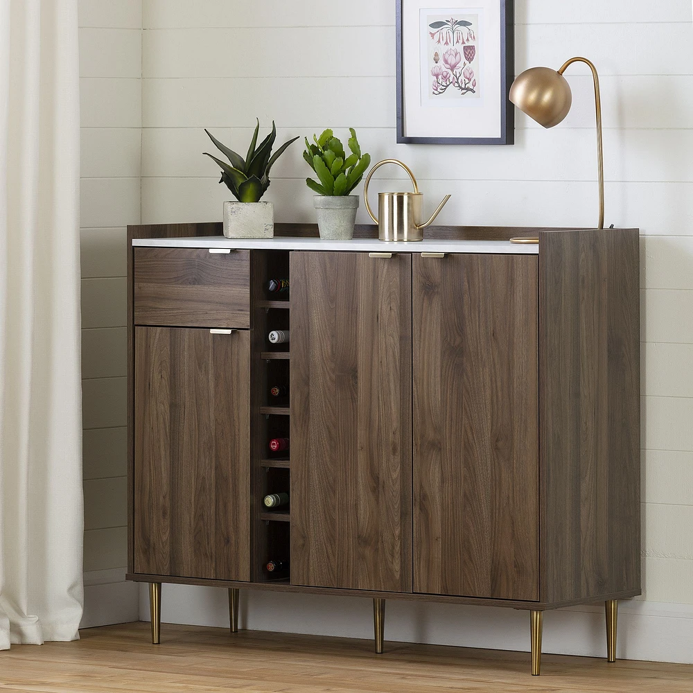 Hype Buffet with Wine Storage Natural Walnut and Faux Carrara Marble by South Shore Furniture