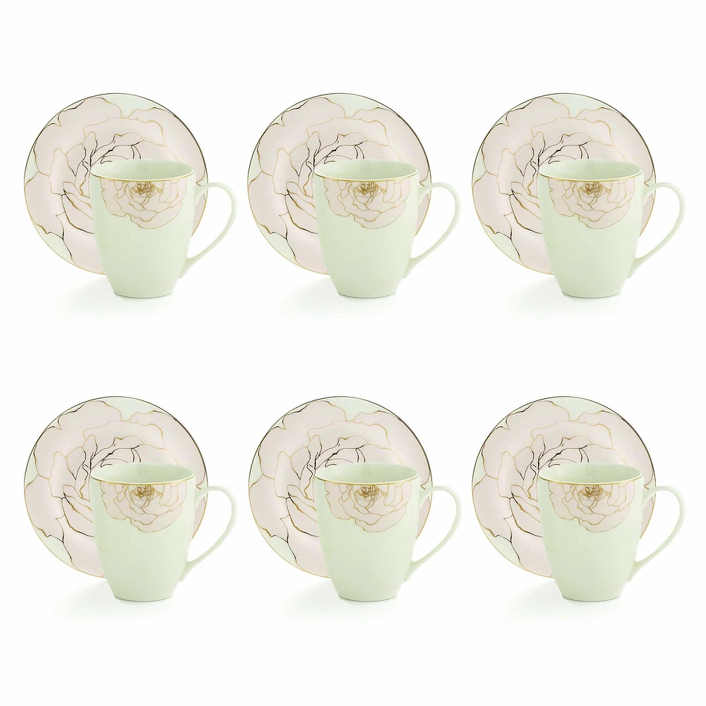 Rose 12-Piece Bone ChinaCups and Saucers Set by Brilliant