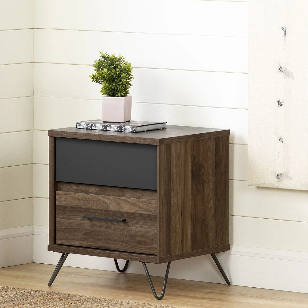 Olvyn 2-Drawer Nightstand - End Table with Storage Natural Walnut and Charcoal by South Shore Furniture