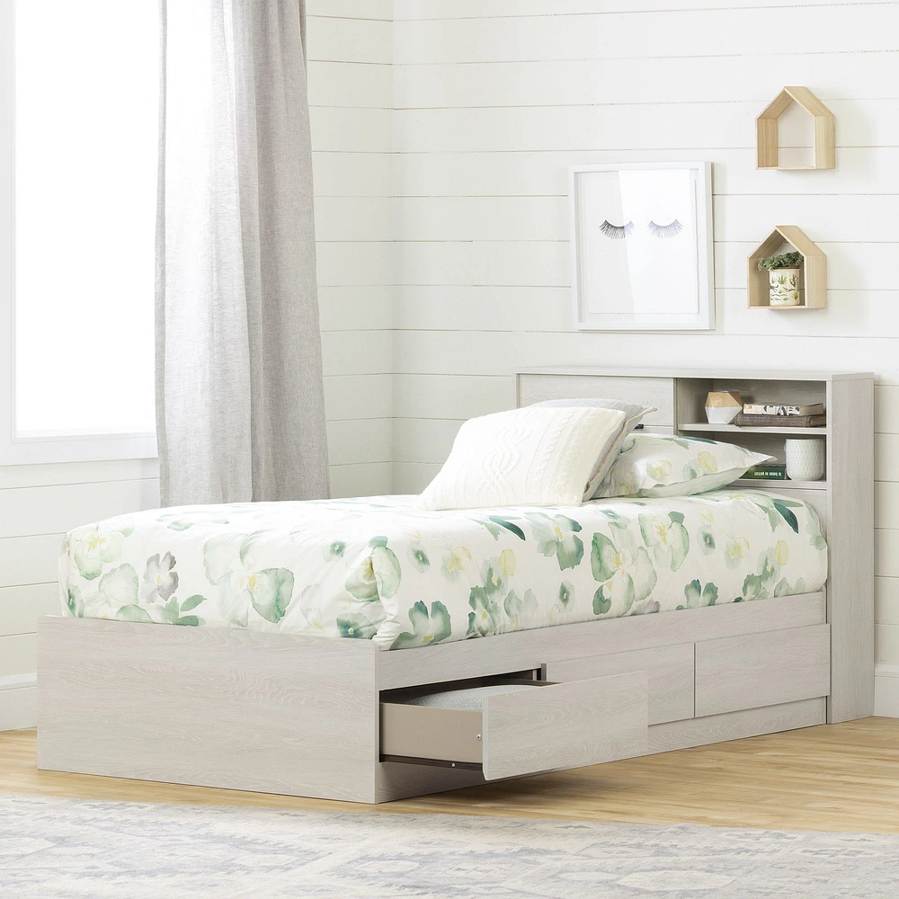 Fynn Twin Storage Bed and Bookcase Headboard in Winter Oak by South Shore Furniture