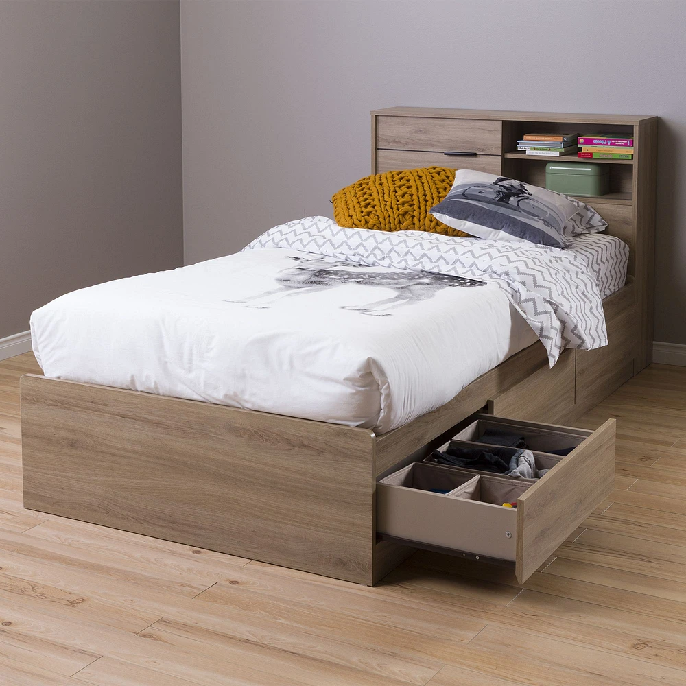 Fynn Storage Bed and Bookcase Headboard Set in Rustic Oak by South Shore Furniture