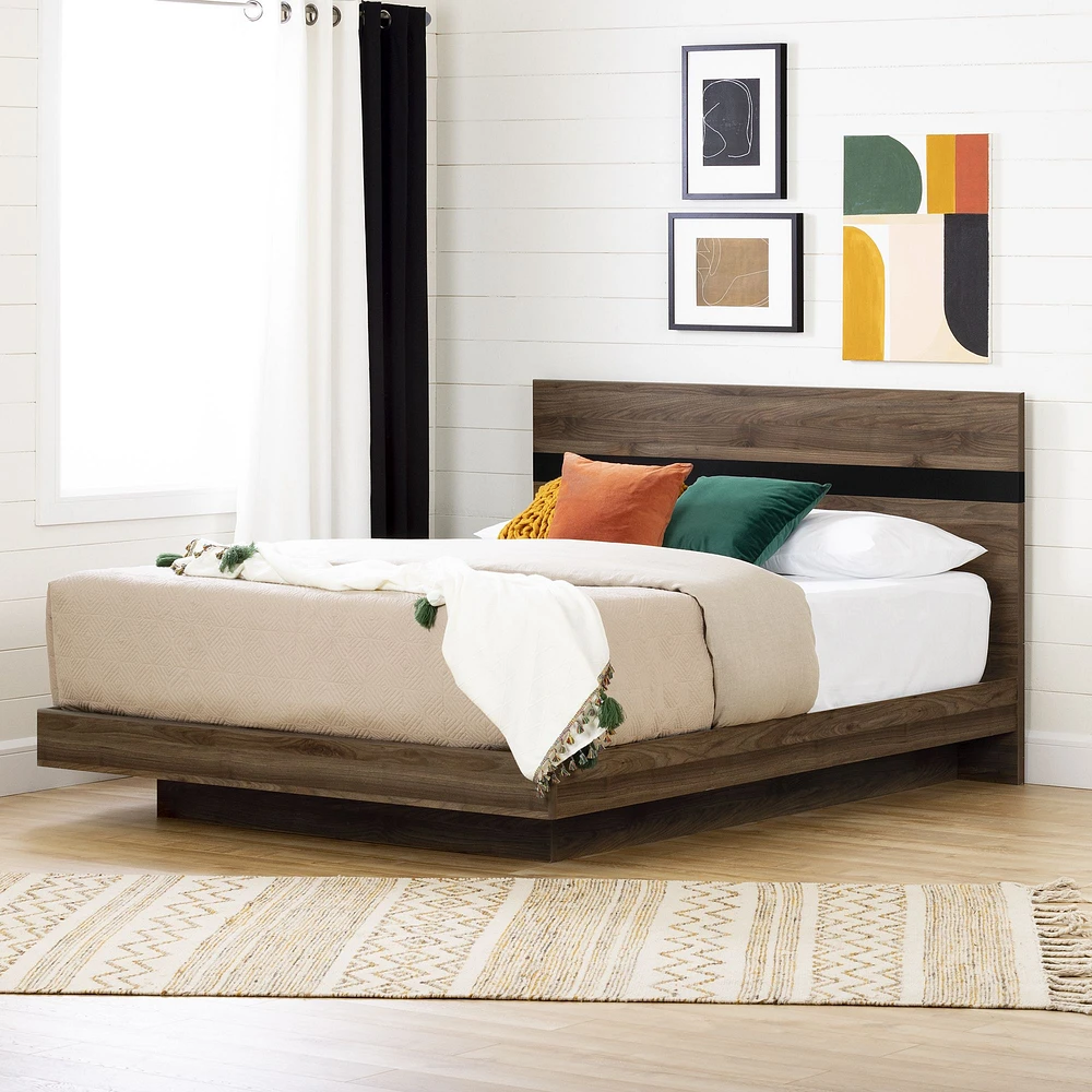 Flam Queen Platform Bed and Headboard in Natural Walnut and Matte Black by South Shore Furniture