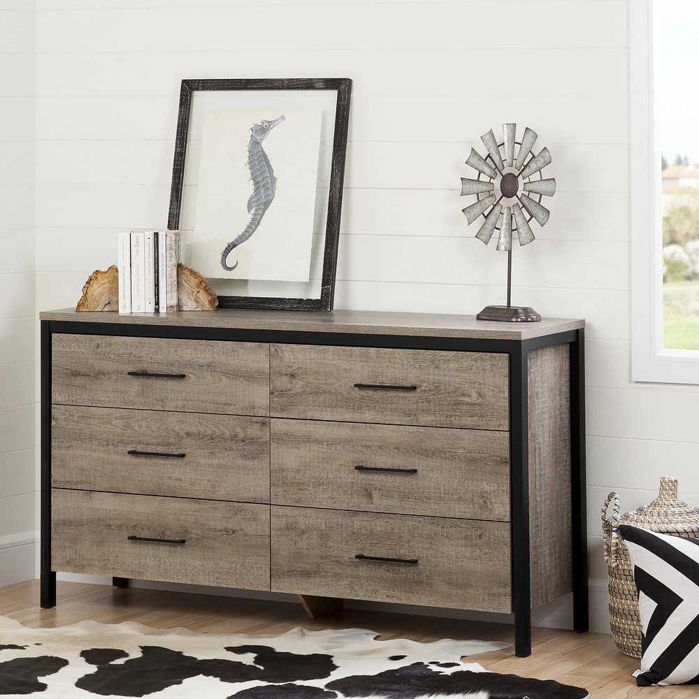 Munich 6-Drawer Double Dresser Weathered Oak and Matte Black by South Shore Furniture