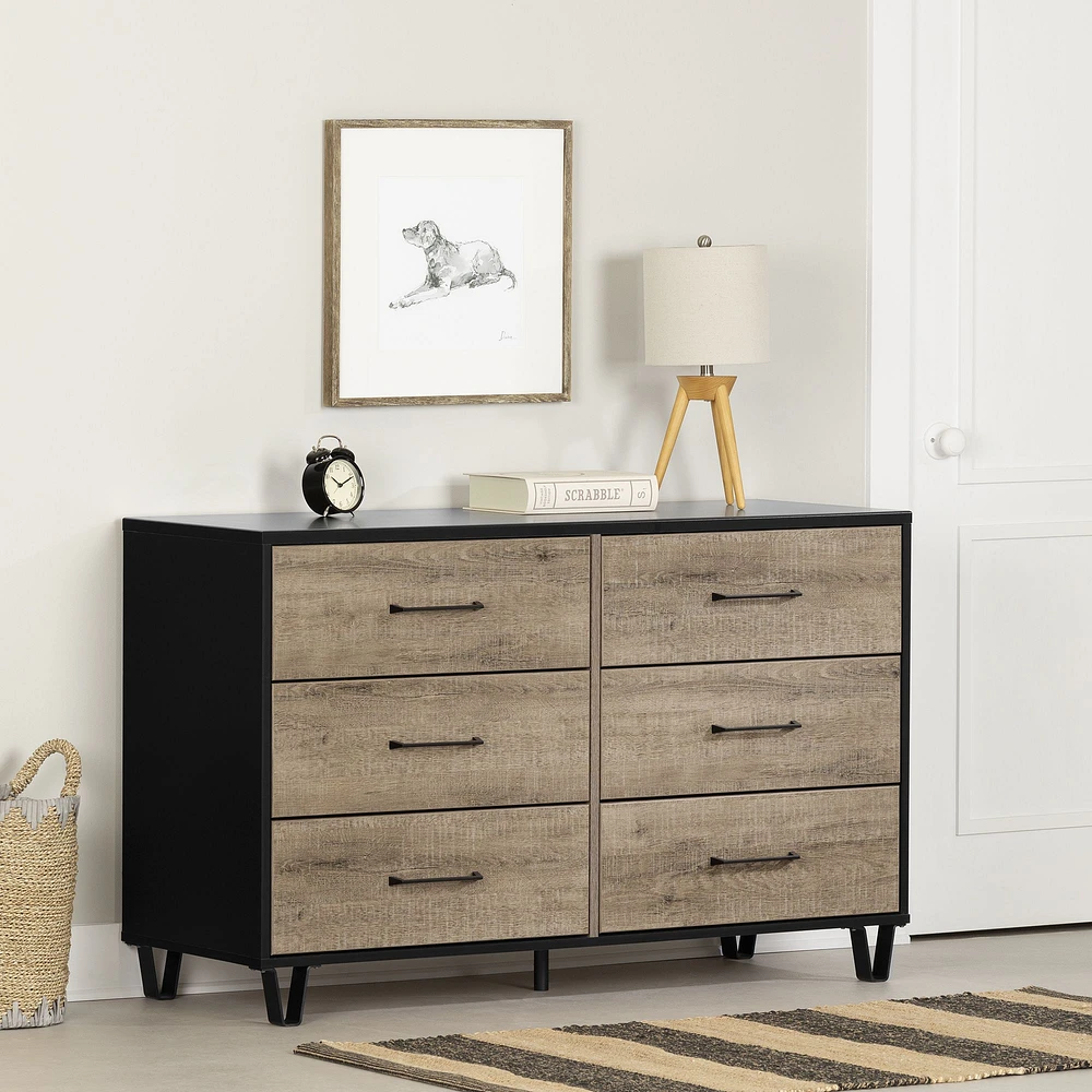 Arlen 6-Drawer Double Dresser in Weathered Oak and Matte Black by South Shore Furniture