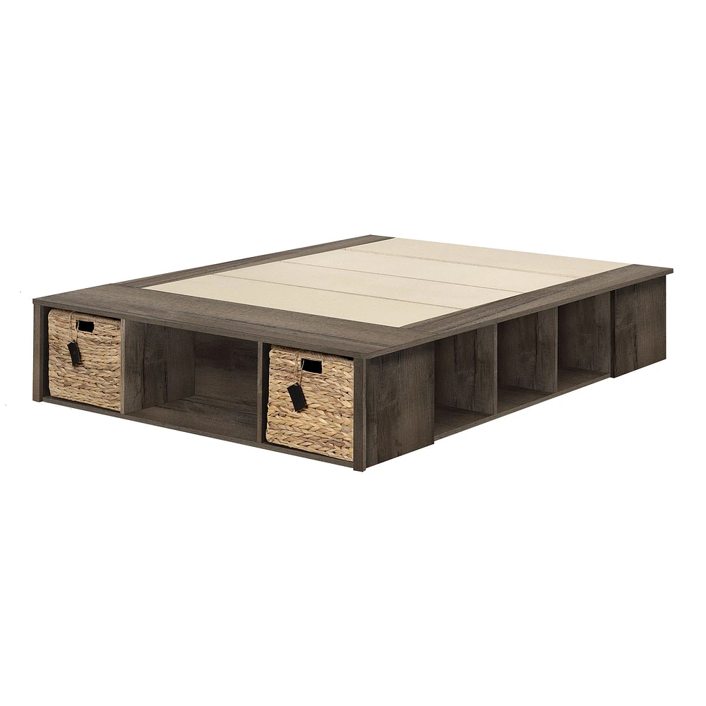 Avilla Queen Platform Bed with Wicker Baskets in Oak by South Shore Furniture