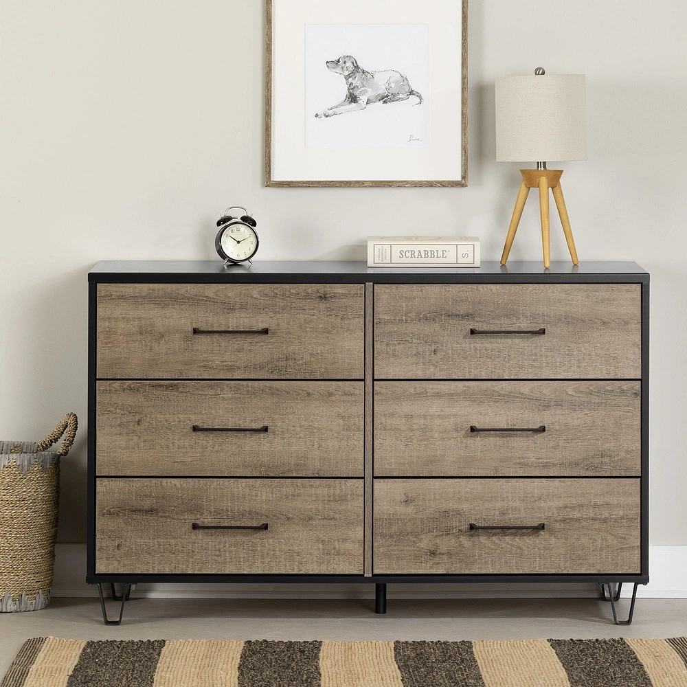 Arlen 6-Drawer Double Dresser in Weathered Oak and Matte Black by South Shore Furniture