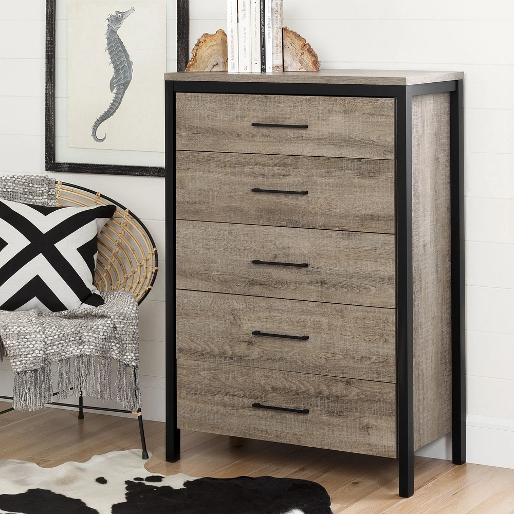 Munich 5-Drawer Chest Dresser Weathered Oak and Matte Black by South Shore Furniture