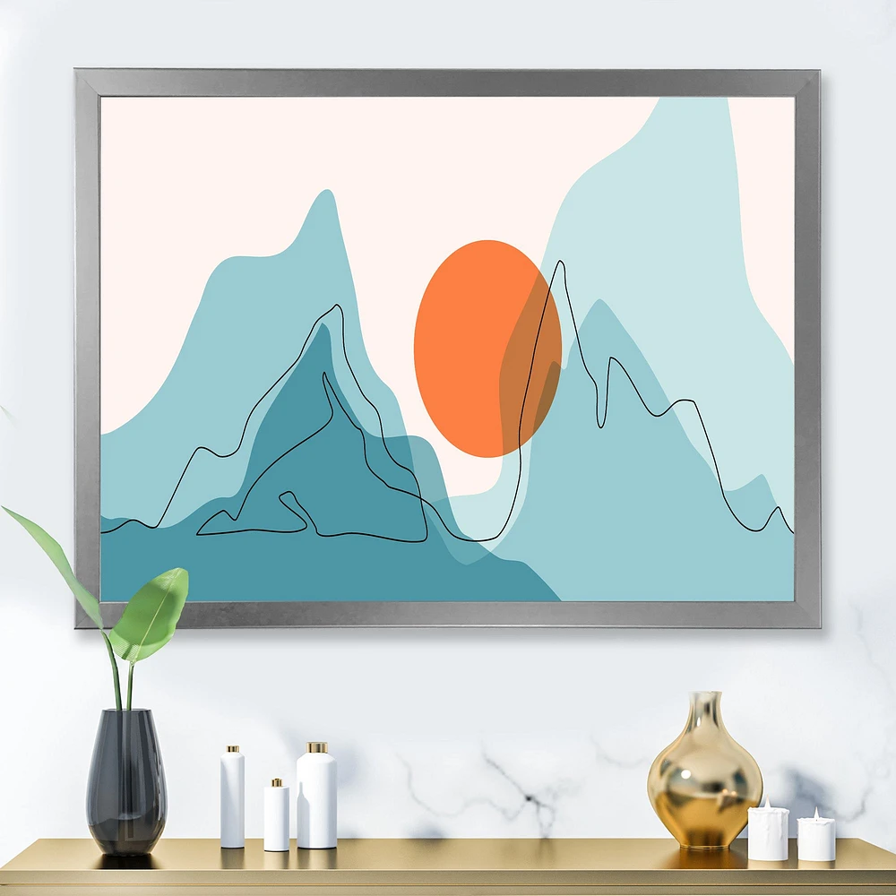 Red Moon Over Abstract Blue Mountains I  Wall Art