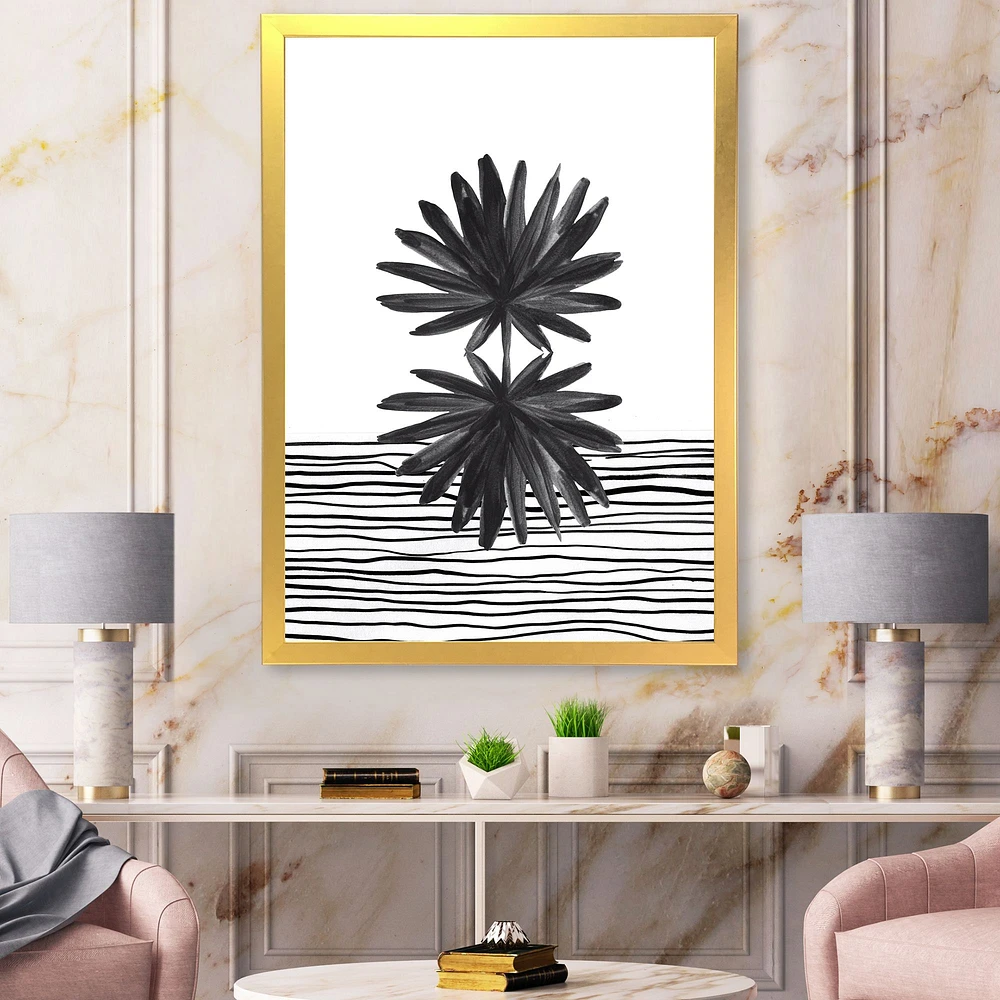 Toile « Black and White Tropical Leaf on Striped II »