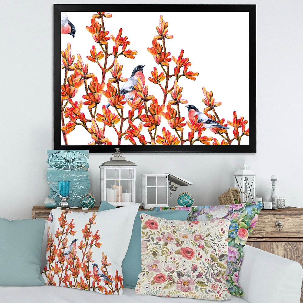 Flock of Bullfinches Birds on Orange Branches Wall Art