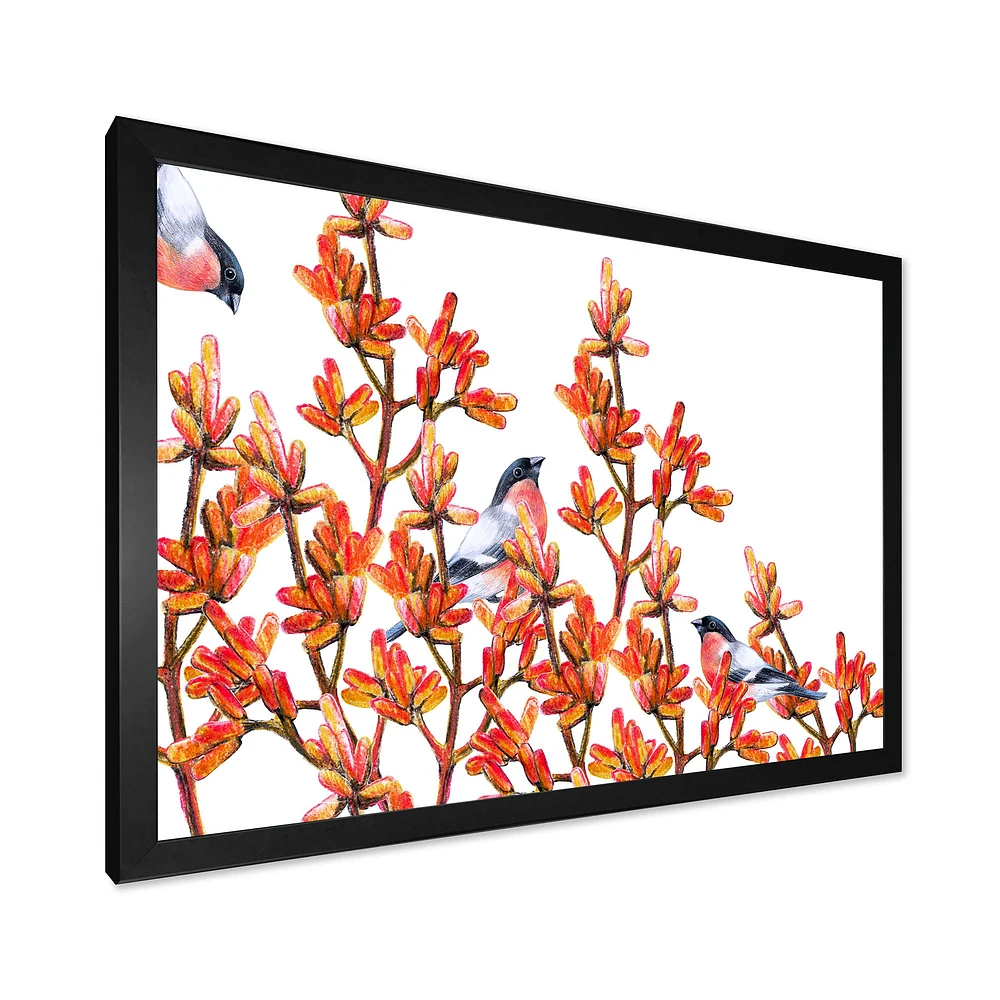 Flock of Bullfinches Birds on Orange Branches Wall Art