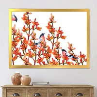 Flock of Bullfinches Birds on Orange Branches Wall Art