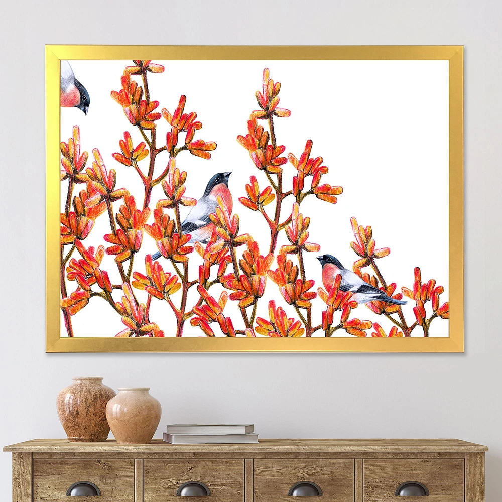 Toile « Flock of Bullfinches Birds on Orange Branches