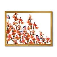 Flock of Bullfinches Birds on Orange Branches Wall Art