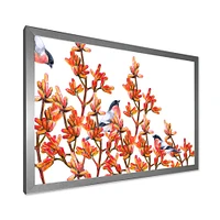 Flock of Bullfinches Birds on Orange Branches Wall Art