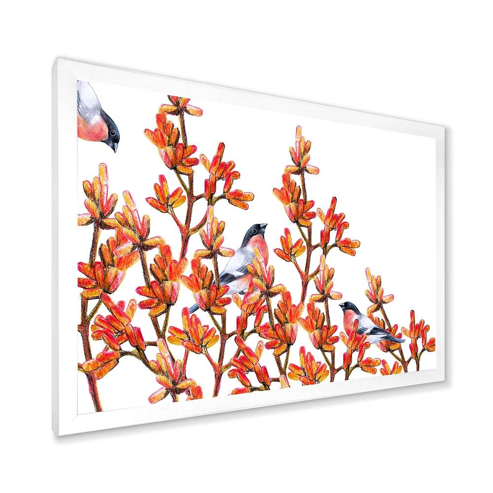 Flock of Bullfinches Birds on Orange Branches Wall Art