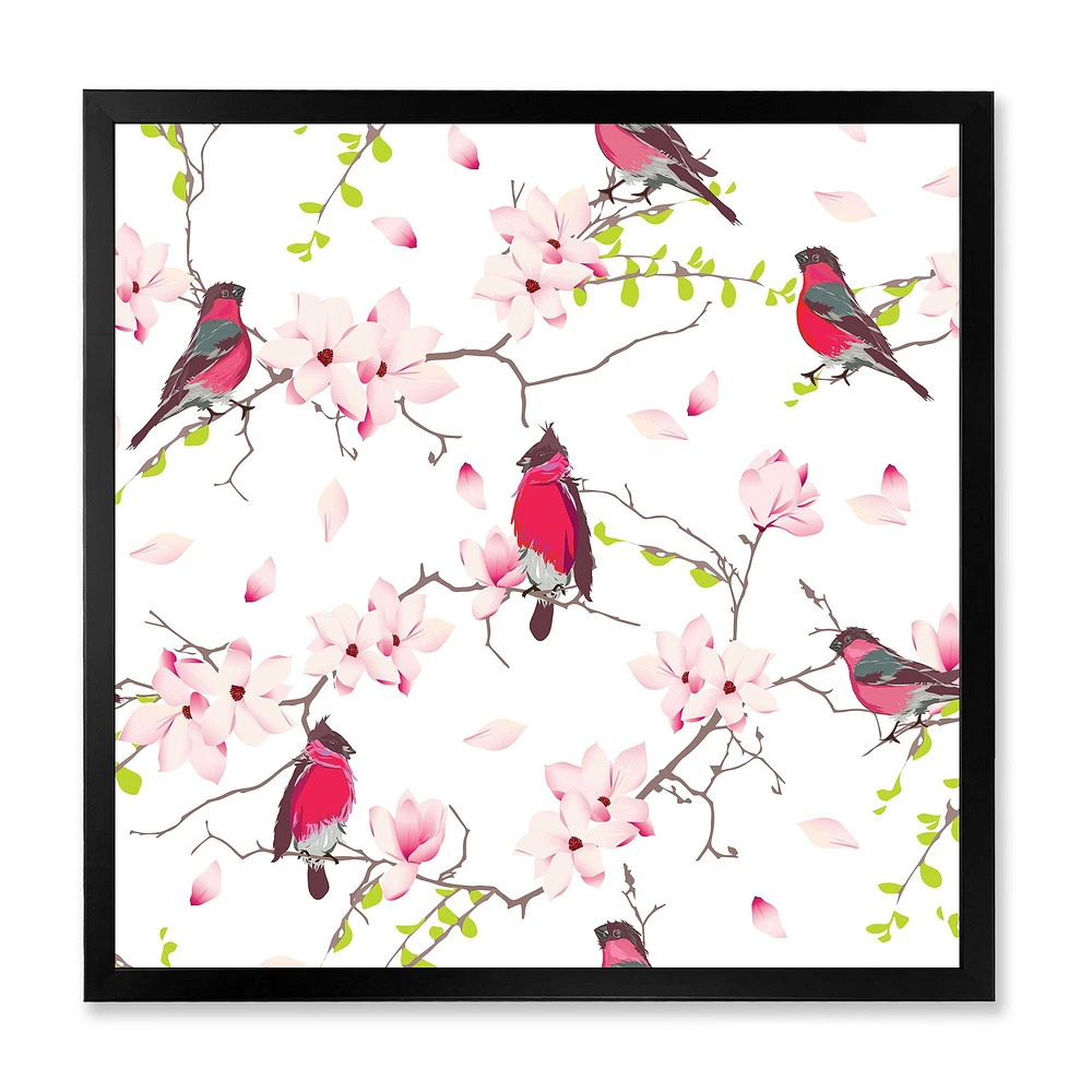 Red Bullfinches on Magnolia Tree  Wall Art