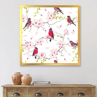 Red Bullfinches on Magnolia Tree  Wall Art