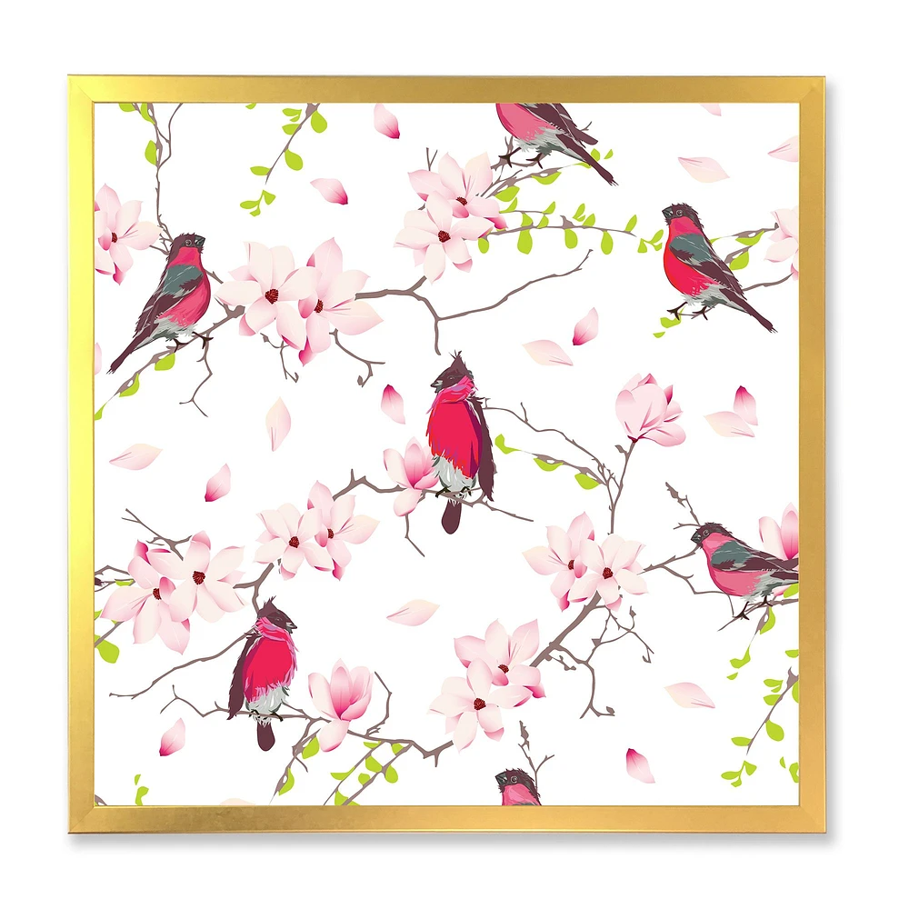 Red Bullfinches on Magnolia Tree  Wall Art