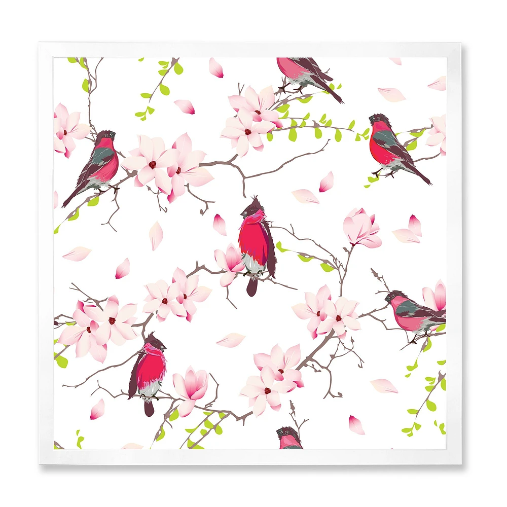 Red Bullfinches on Magnolia Tree  Wall Art